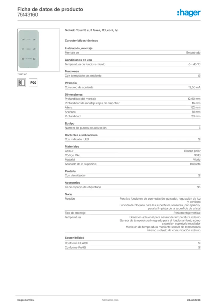 Imagen Hager Ficha de datos de producto 75143160 | Hager España