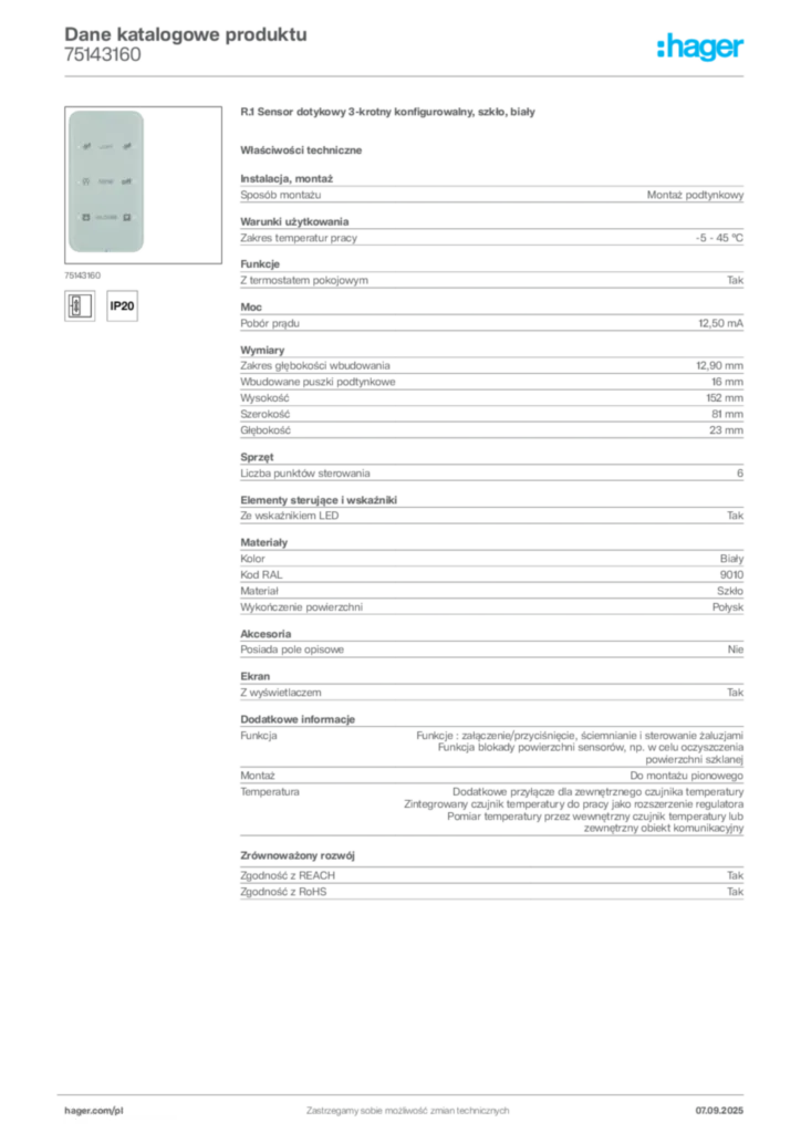 Zdjęcie Hager Dane katalogowe produktu 75143160 | Hager Polska