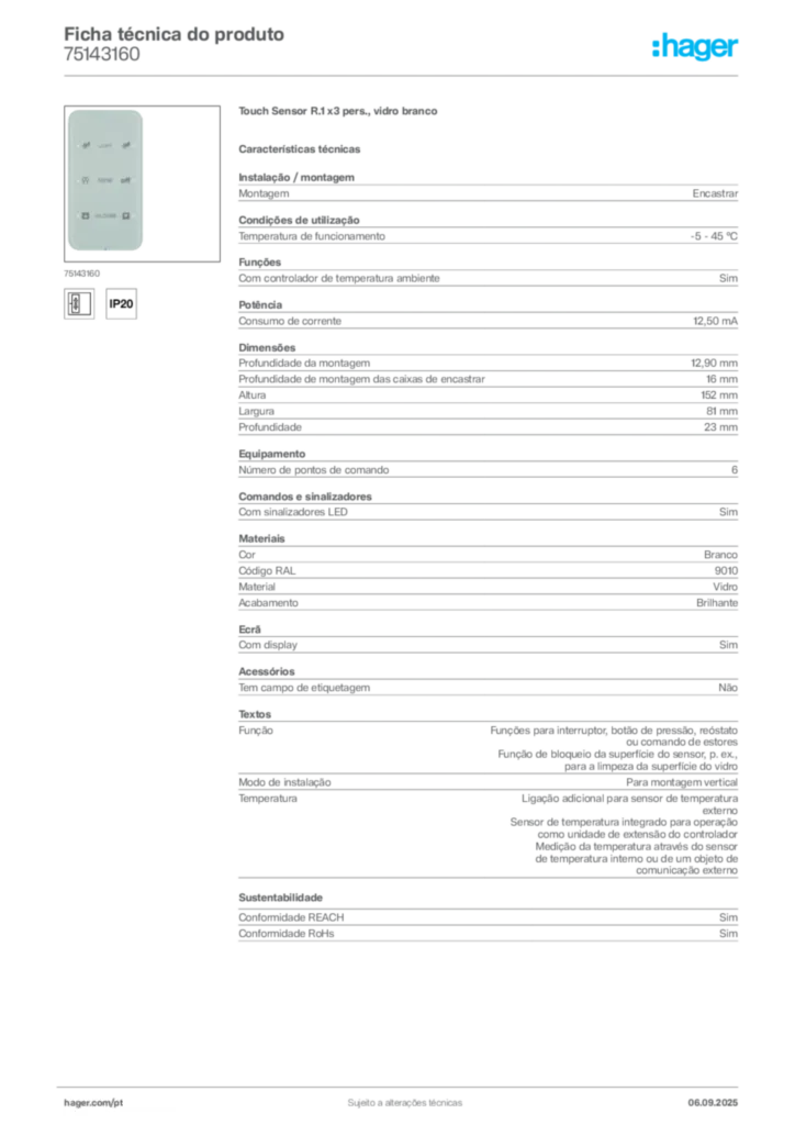 Imagem Hager Ficha técnica do produto 75143160 | Hager Portugal