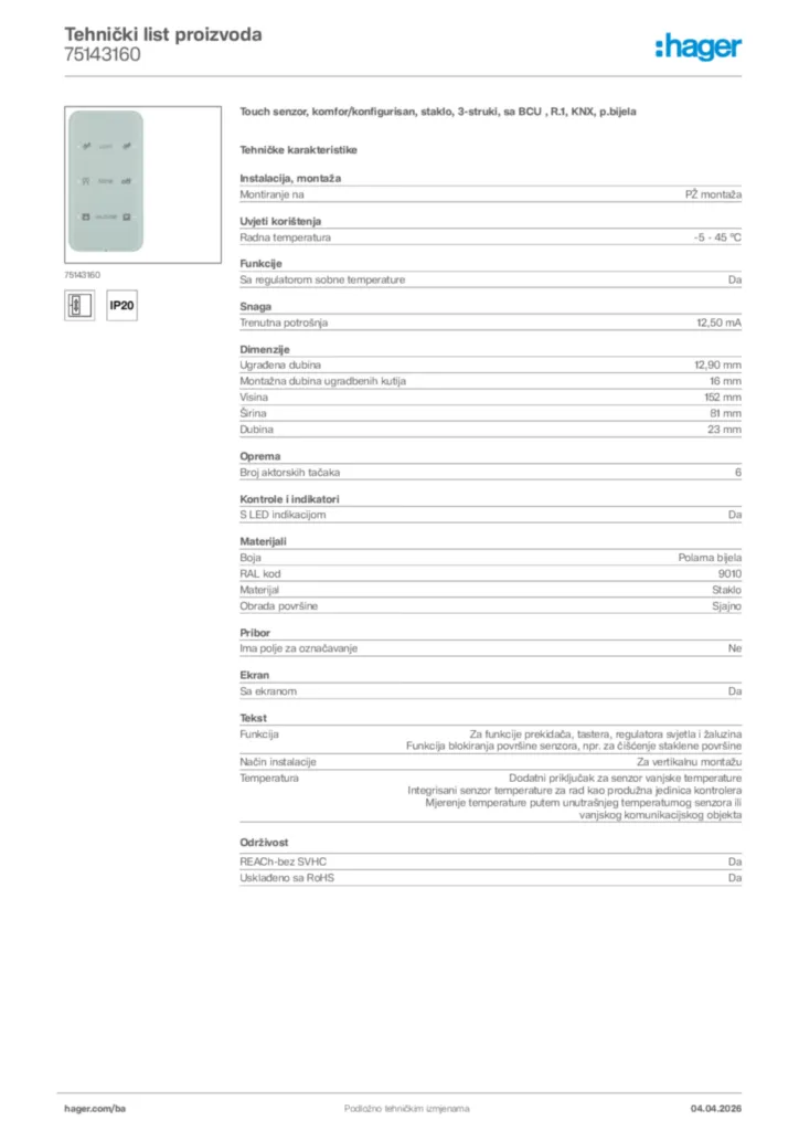 Slika Hager Tehnički list proizvoda 75143160  | Hager