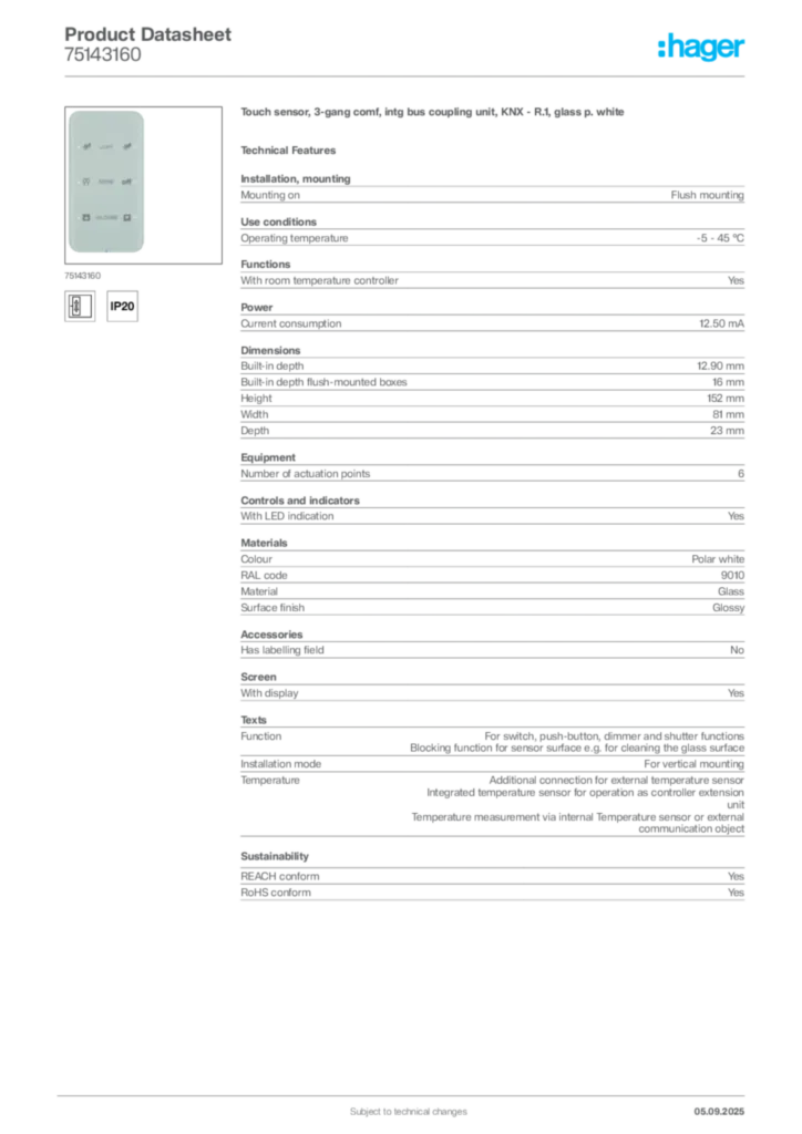 Image Hager Product data sheet 75143160  | Hager