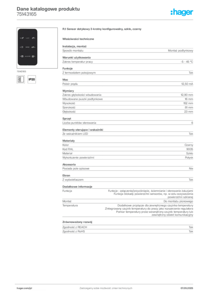 Zdjęcie Hager Dane katalogowe produktu 75143165 | Hager Polska