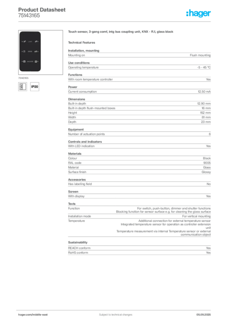 Image Hager Product data sheet 75143165  | Hager