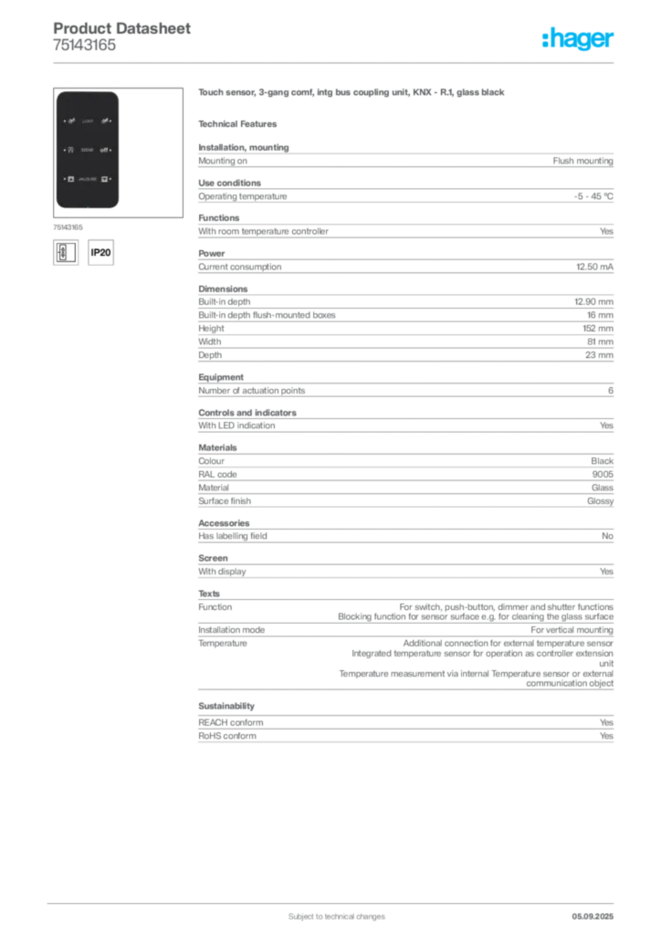 Image Hager Product data sheet 75143165  | Hager