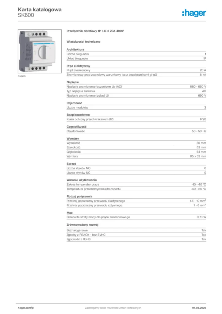 Zdjęcie Hager Karta katalogowa SK600 | Hager Polska