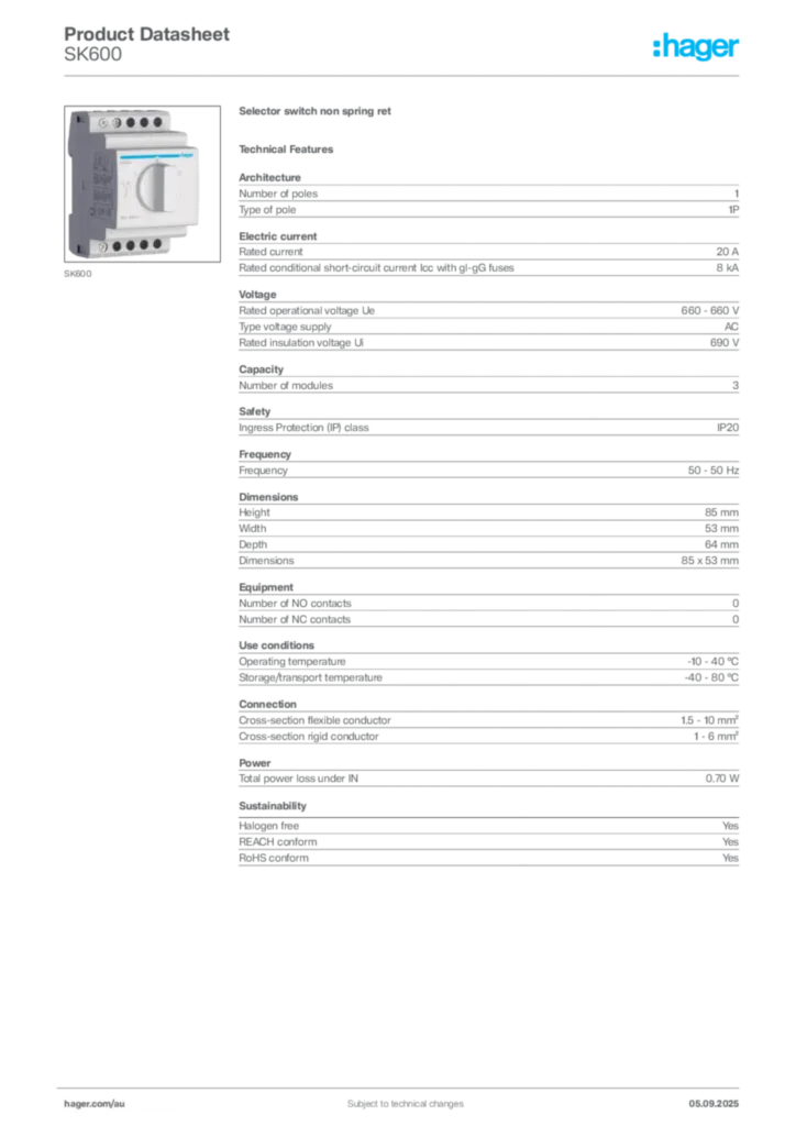 Image Hager Product data sheet SK600  | Hager Australia