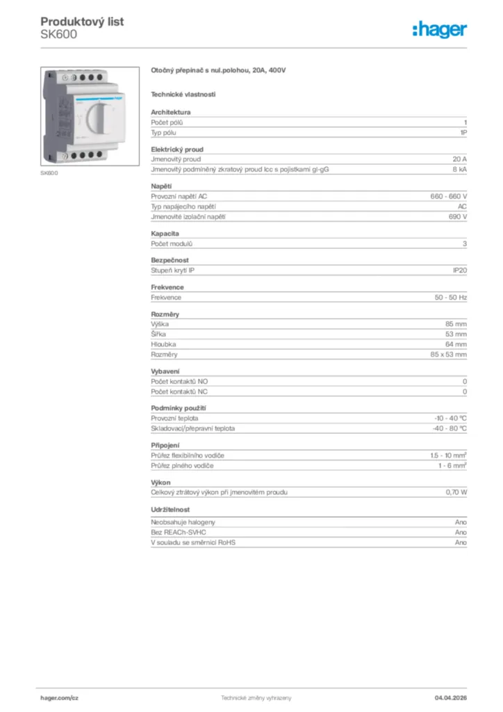 Obrázek Hager Product data sheet SK600 | Hager