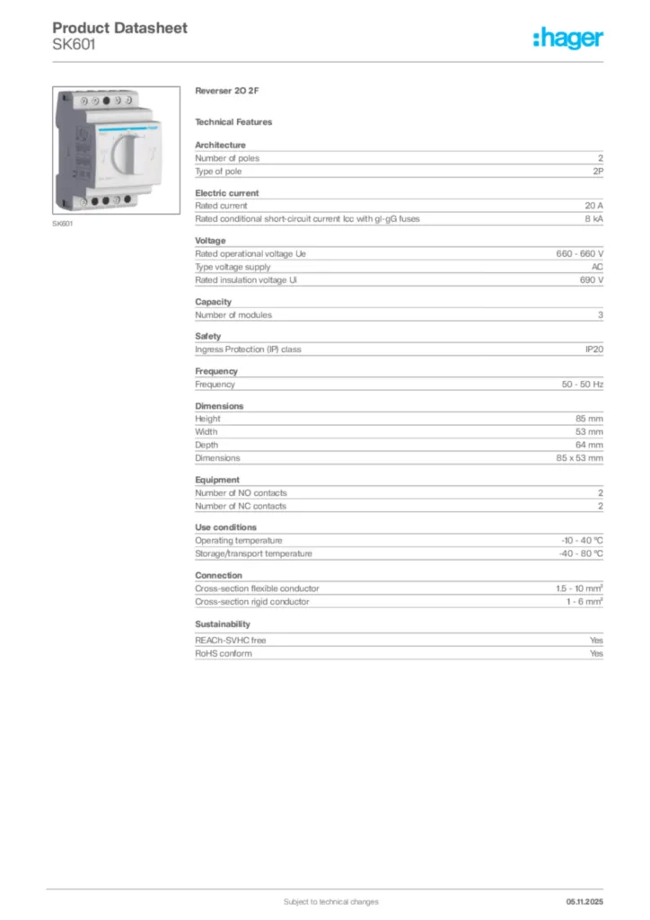 Image Hager Product data sheet SK601  | Hager Africa