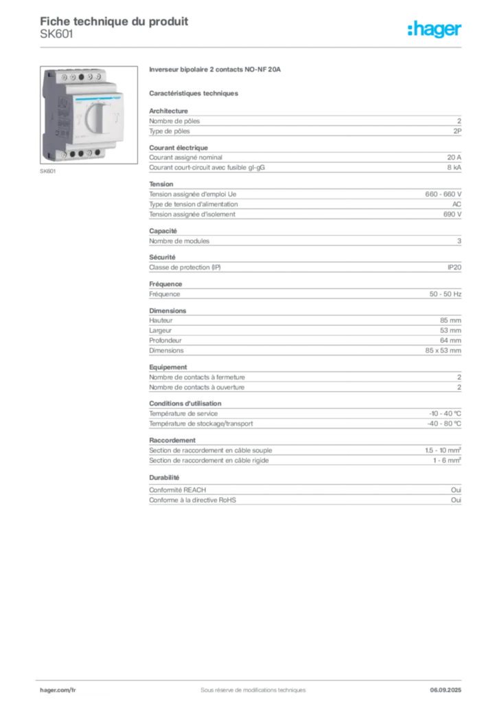 Image Hager Fiche technique du produit SK601 | Hager France