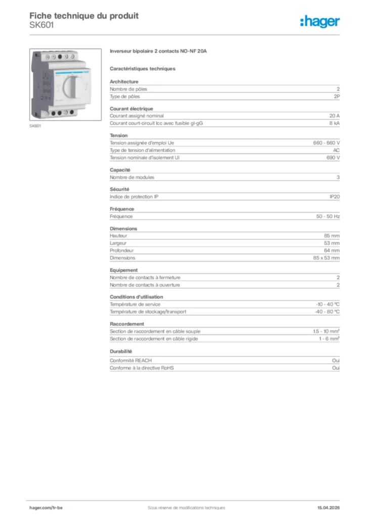 Image Hager Fiche technique du produit SK601 | Hager Belgique