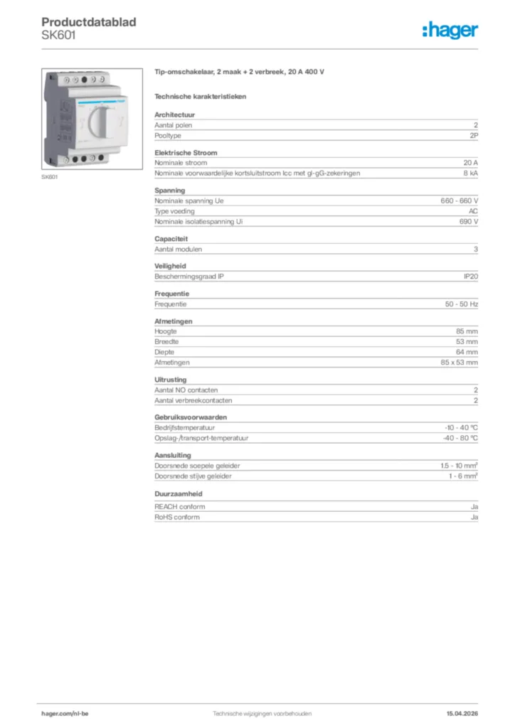 Afbeelding Hager Productdatablad SK601 | Hager Belgium