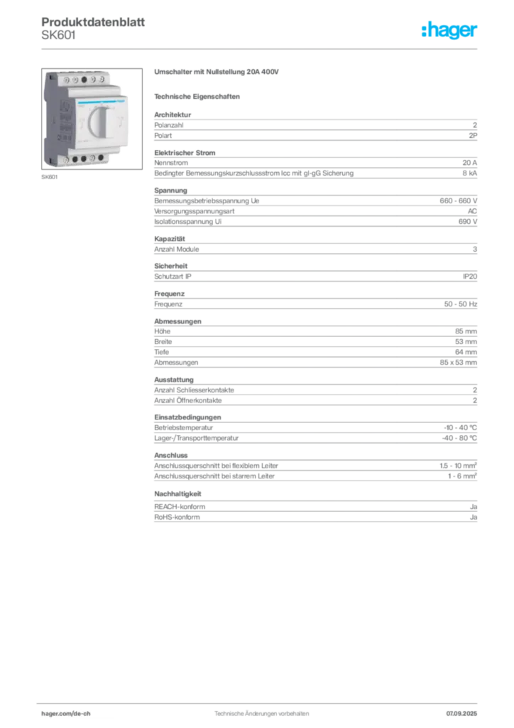 Bild Hager Produktdatenblatt SK601 | Hager Schweiz