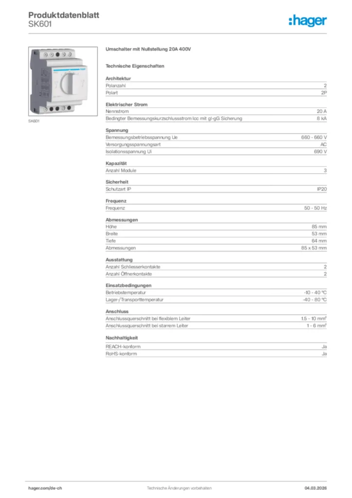 Bild Hager Produktdatenblatt SK601 | Hager Schweiz