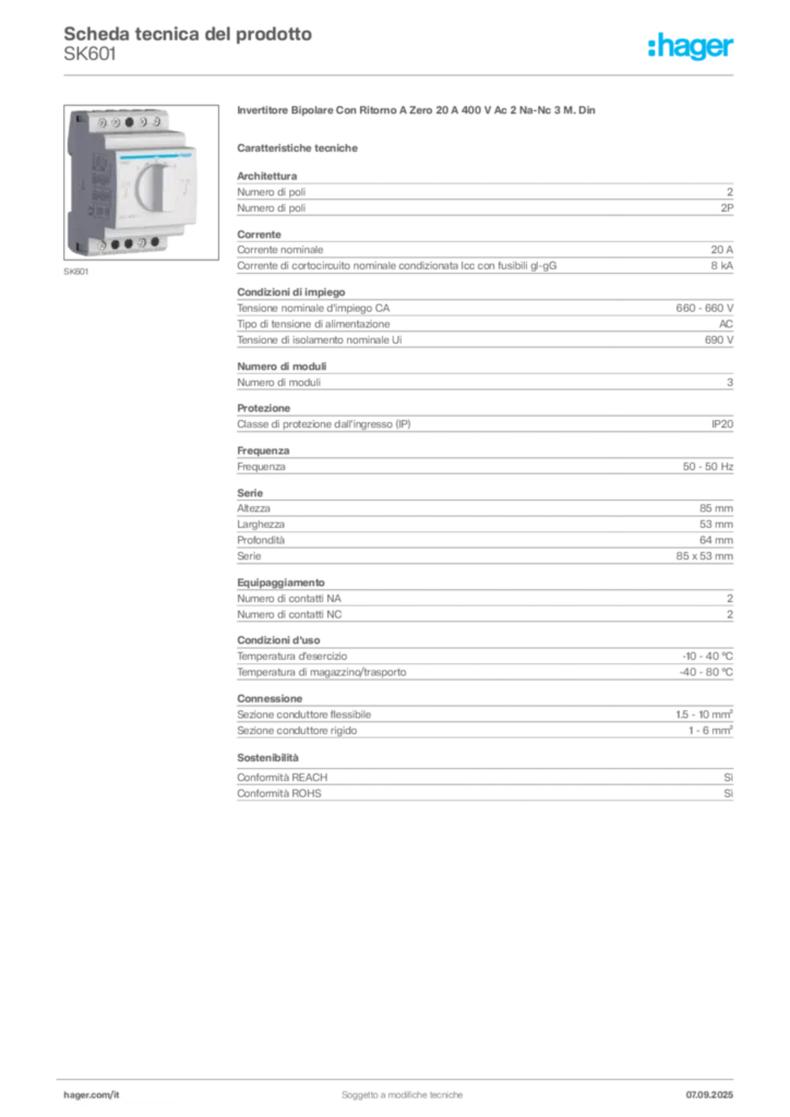 Immagine Hager Scheda tecnica del prodotto SK601 | Hager Italia