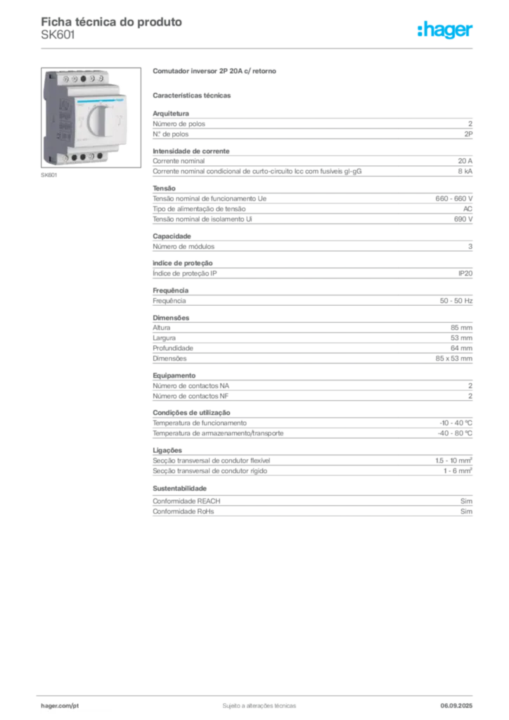Imagem Hager Ficha técnica do produto SK601 | Hager Portugal