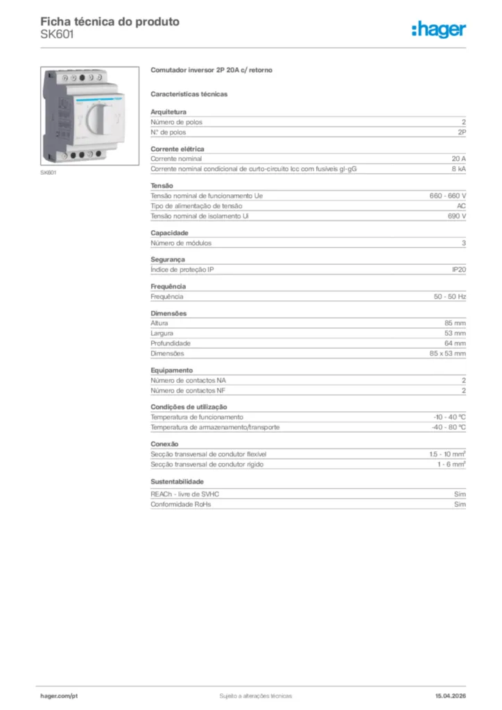 Imagem Hager Ficha técnica do produto SK601 | Hager Portugal