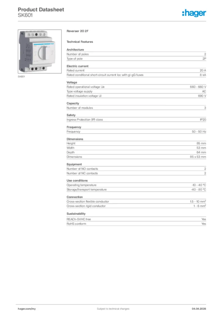 Image Hager Product data sheet SK601  | Hager