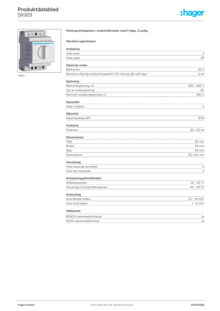 Bild Hager Produktdatablad SK601 | Hager Sverige