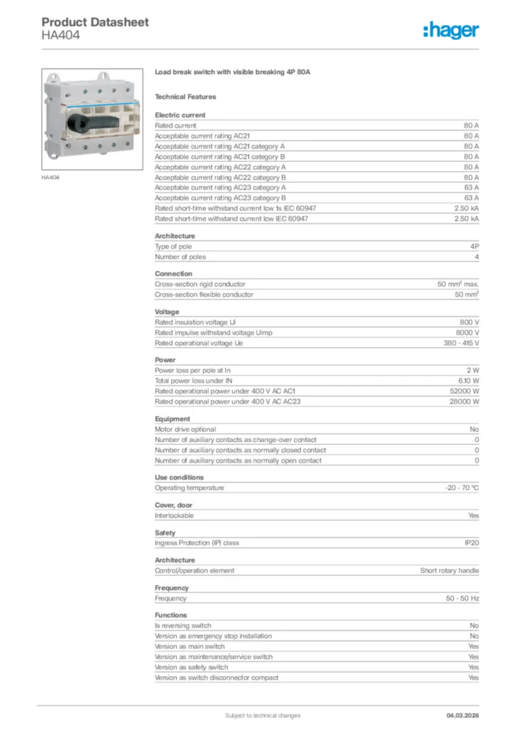 Image Hager Product data sheet HA404  | Hager Africa