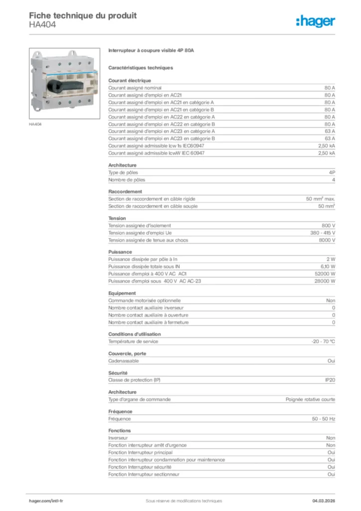 Image Hager Fiche technique du produit HA404 | Hager Afrique