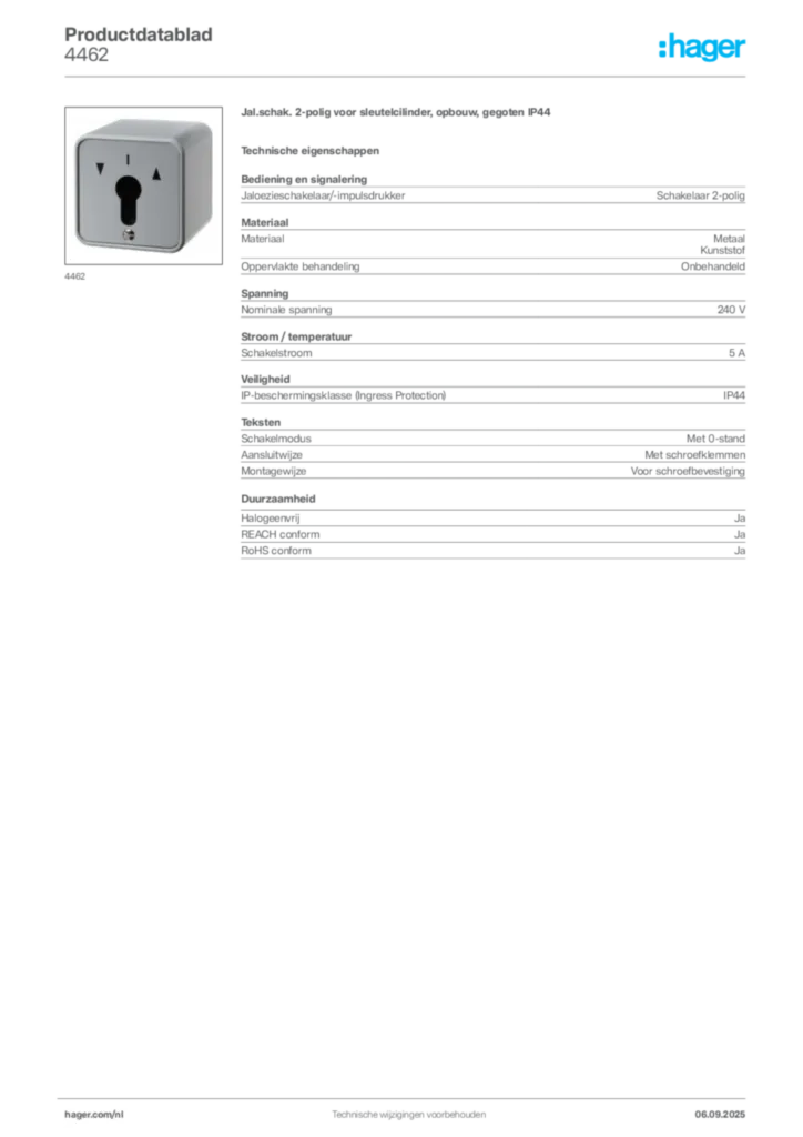 Afbeelding Hager Productdatablad 4462 | Hager Nederland