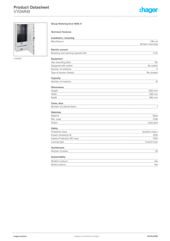 Image Hager Product data sheet VYGMN9  | Hager Australia