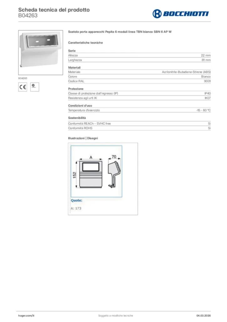 Immagine Bocchiotti Scheda tecnica del prodotto B04263 | Hager Italia
