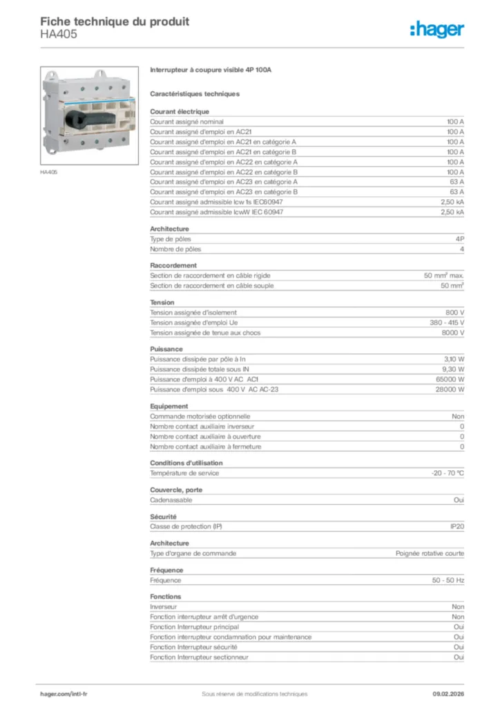 Image Hager Fiche technique du produit HA405 | Hager Afrique