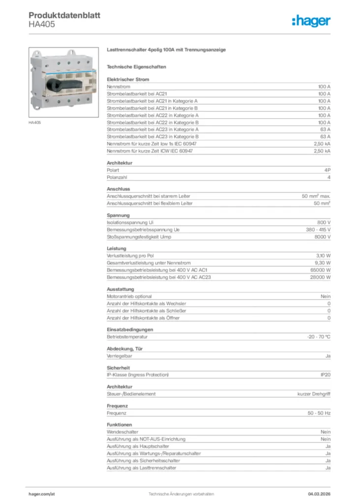 Bild Hager Produktdatenblatt HA405 | Hager Deutschland