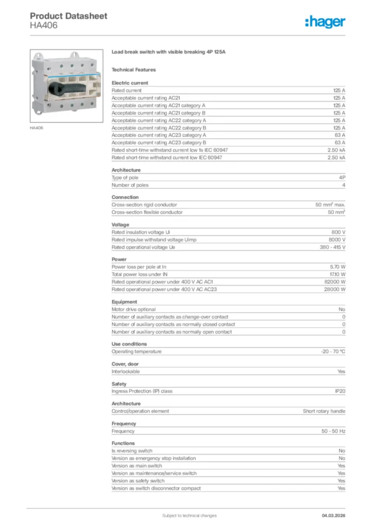 Image Hager Product data sheet HA406  | Hager Africa
