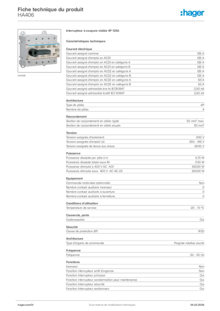 Image Hager Fiche technique du produit HA406 | Hager France