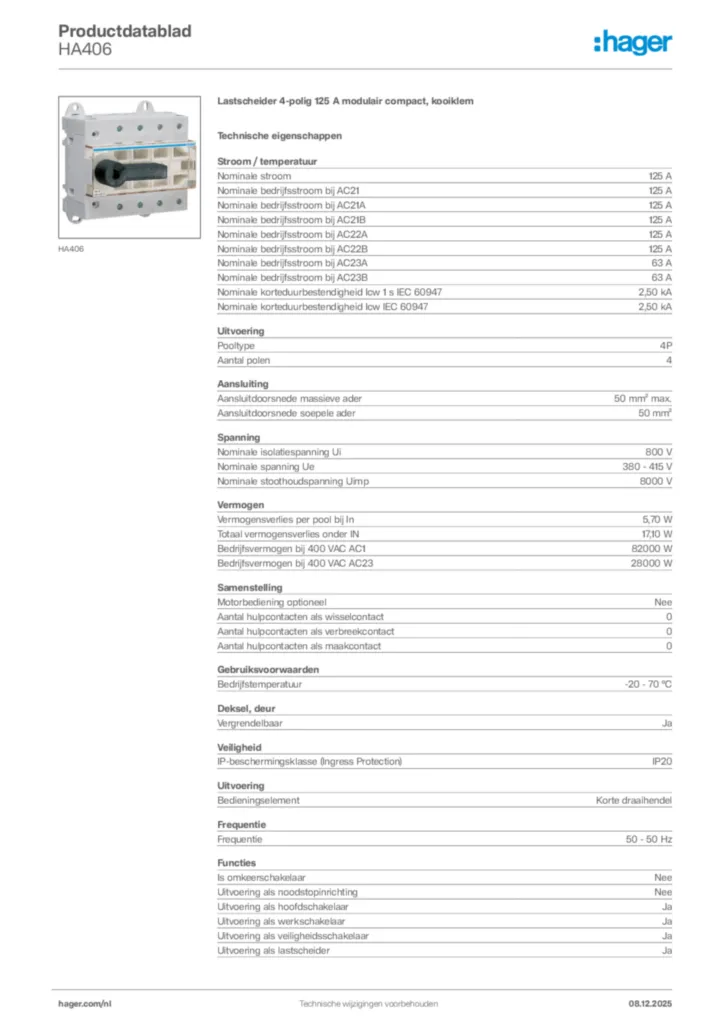 Afbeelding Hager Productdatablad HA406 | Hager Nederland