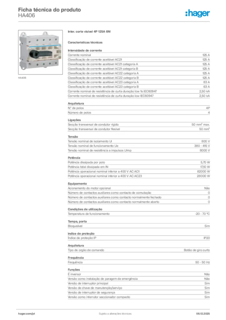 Imagem Hager Ficha técnica do produto HA406 | Hager Portugal