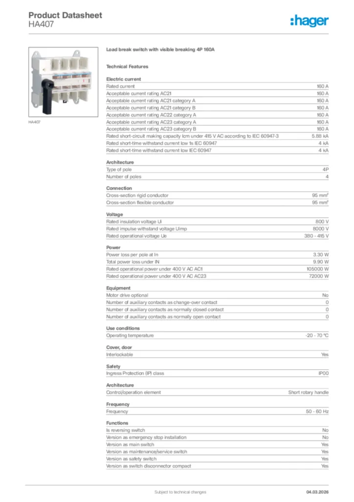 Image Hager Product data sheet HA407  | Hager Africa