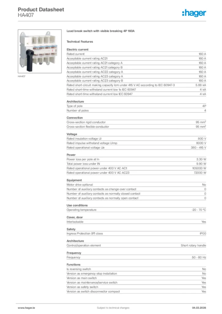 Image Hager Product data sheet HA407  | Hager