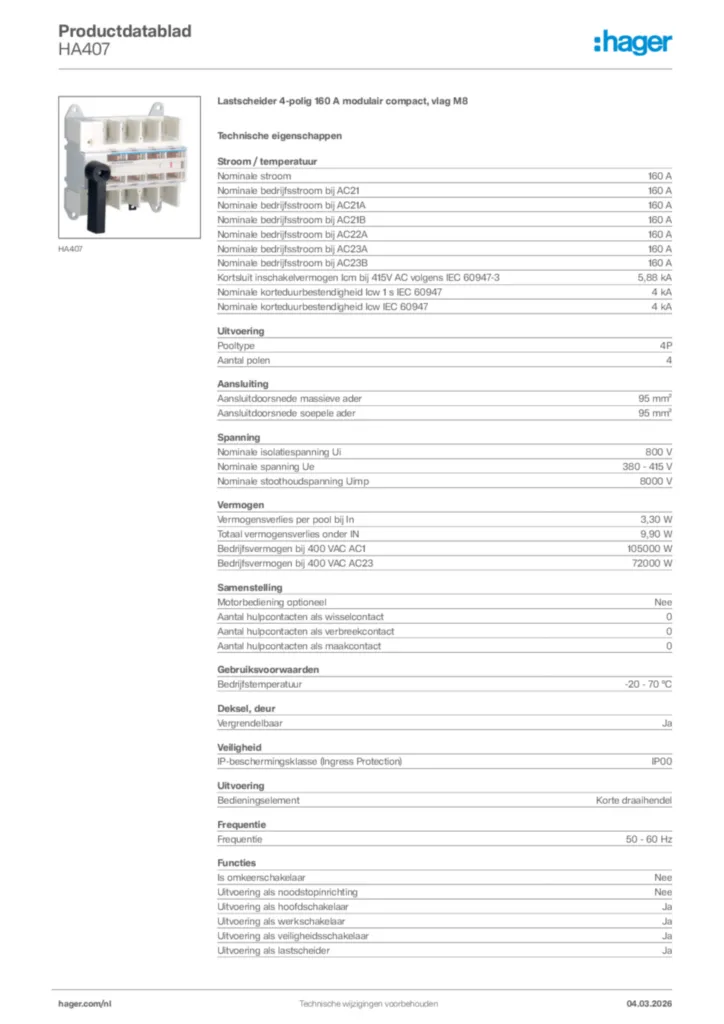 Afbeelding Hager Productdatablad HA407 | Hager Nederland
