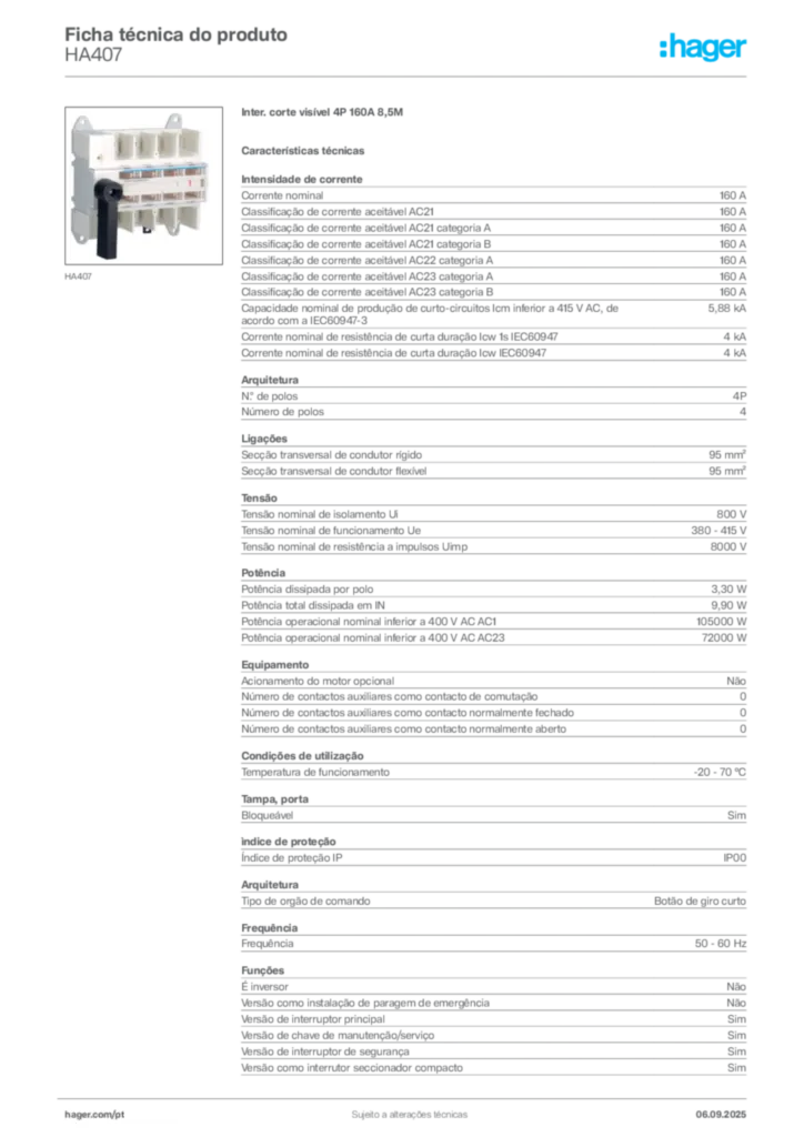 Imagem Hager Ficha técnica do produto HA407 | Hager Portugal