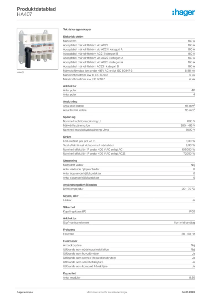 Bild Hager Produktdatablad HA407 | Hager Sverige