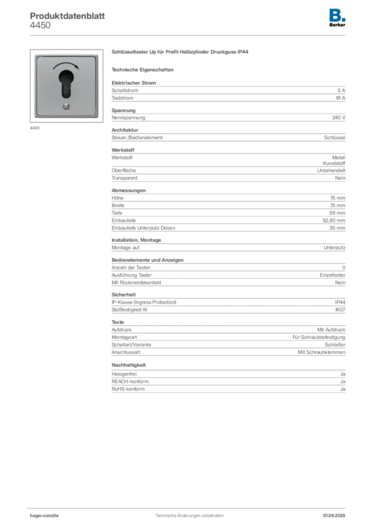 Bild Berker Produktdatenblatt 4450 | Hager Deutschland