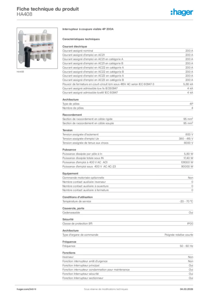 Image Hager Fiche technique du produit HA408 | Hager Afrique