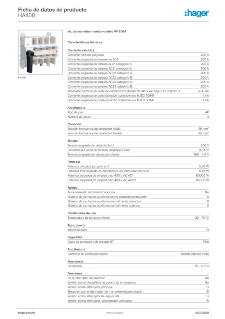 Imagen Hager Ficha de datos de producto HA408 | Hager España
