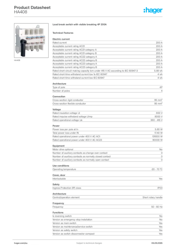 Image Hager Product data sheet HA408  | Hager Australia