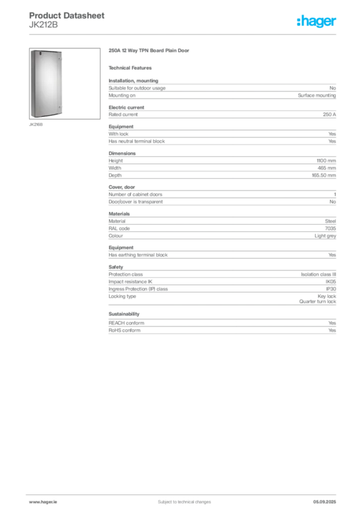 Image Hager Product data sheet JK212B  | Hager