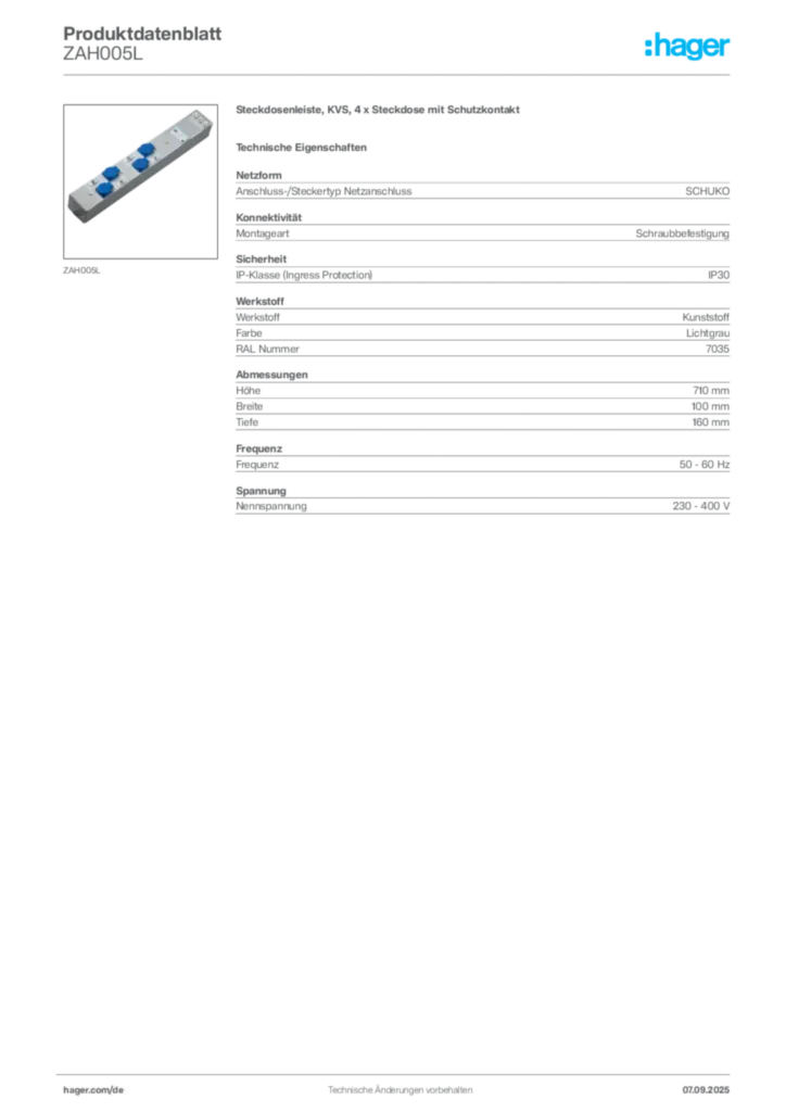 Bild Hager Produktdatenblatt ZAH005L | Hager Deutschland