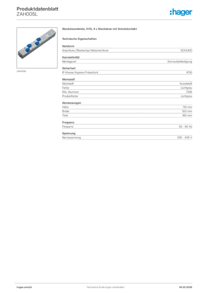 Bild Hager Produktdatenblatt ZAH005L | Hager Deutschland