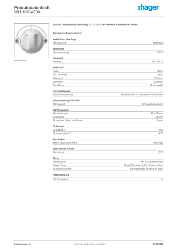 Bild Hager Produktdatenblatt WH11180400A | Hager Schweiz