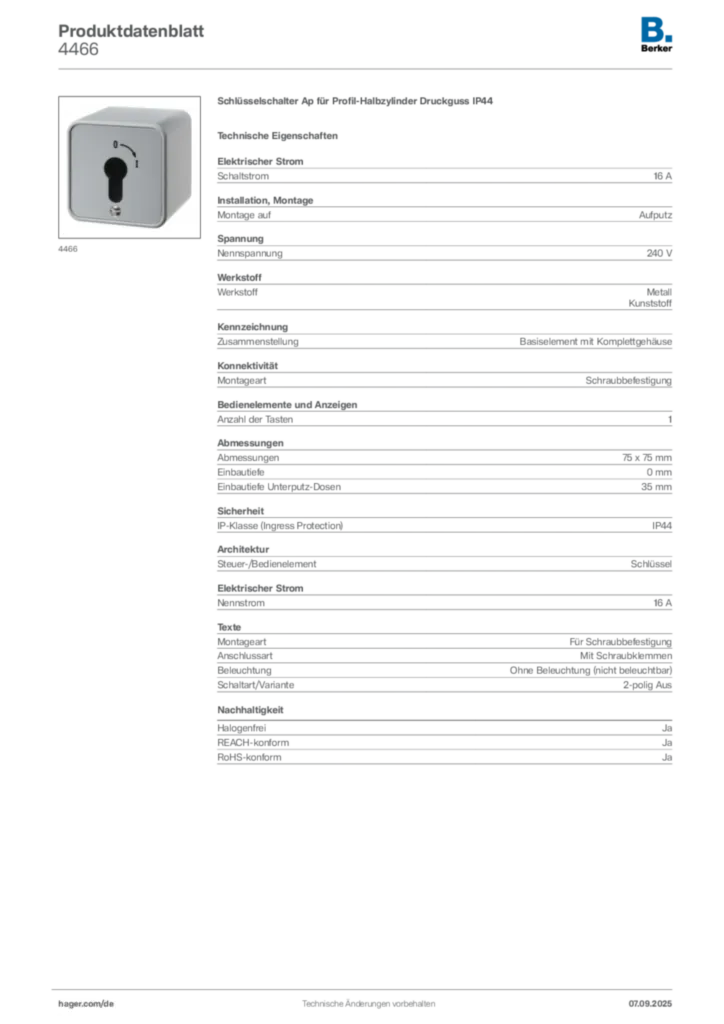 Bild Berker Produktdatenblatt 4466 | Hager Deutschland