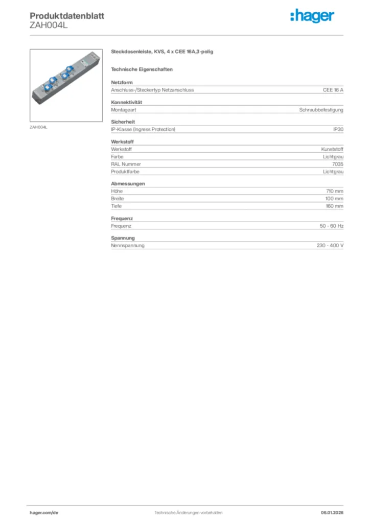 Bild Hager Produktdatenblatt ZAH004L | Hager Deutschland