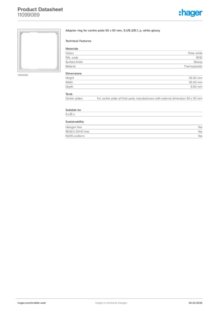 Image Hager Product data sheet 11099089  | Hager