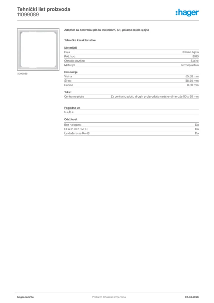 Slika Hager Tehnički list proizvoda 11099089  | Hager